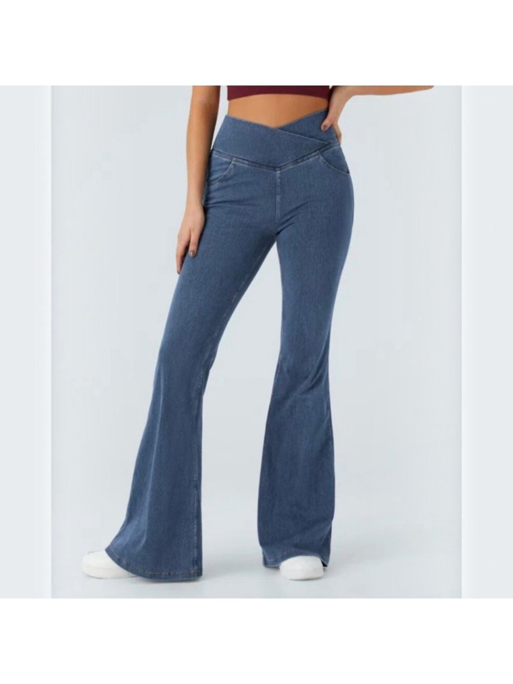 NWT Halara Womens Medium Petite MP High Waisted Crossover Flare Blue Jeans 004